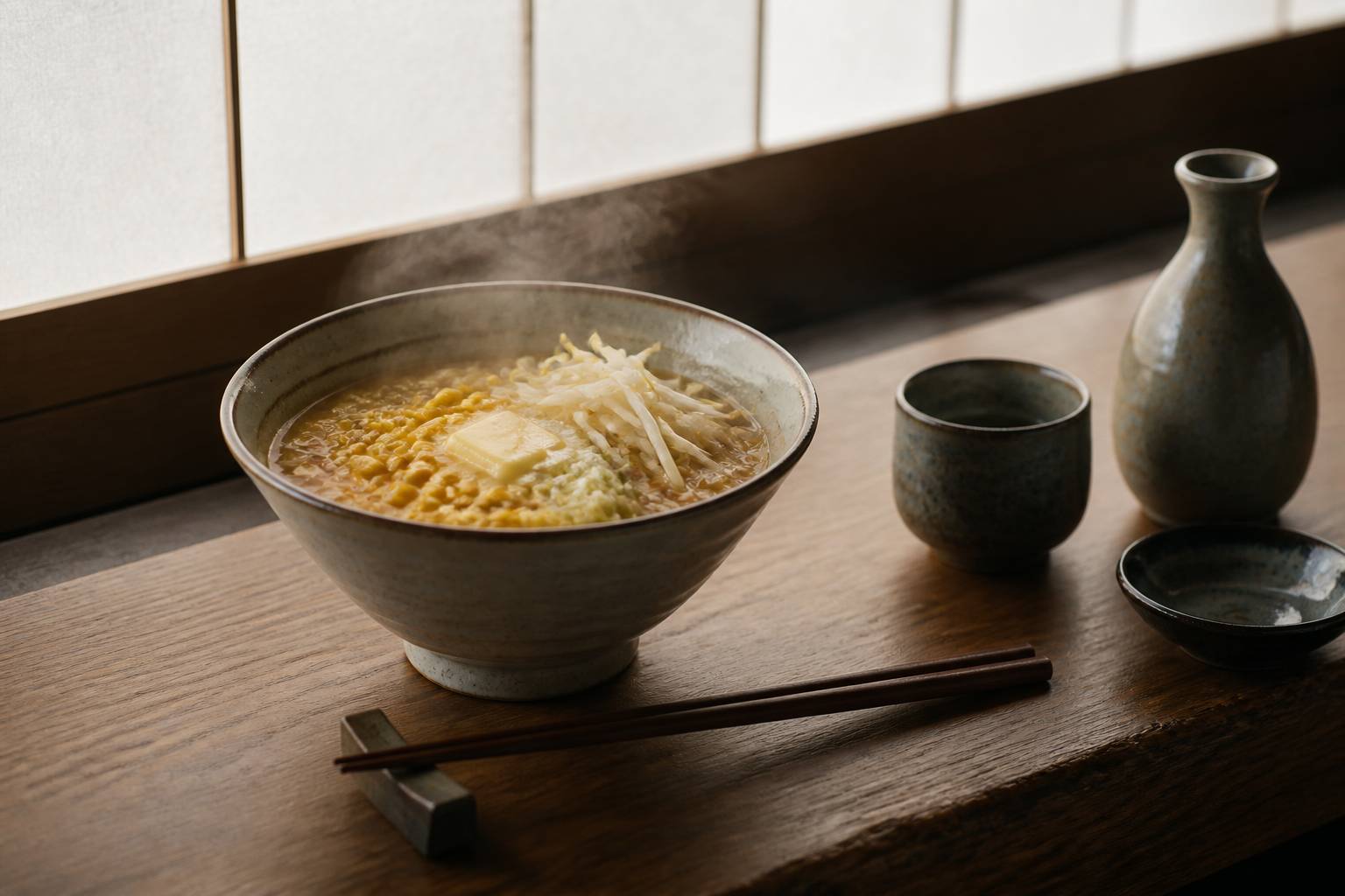 Bol de ramen au miso fumant garni de maïs et de beurre sur un comptoir japonais