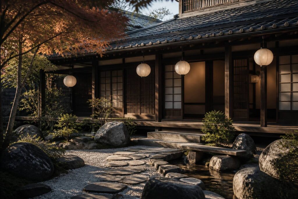 Auberge japonaise traditionnelle en bois avec un jardin zen et des lanternes en papier