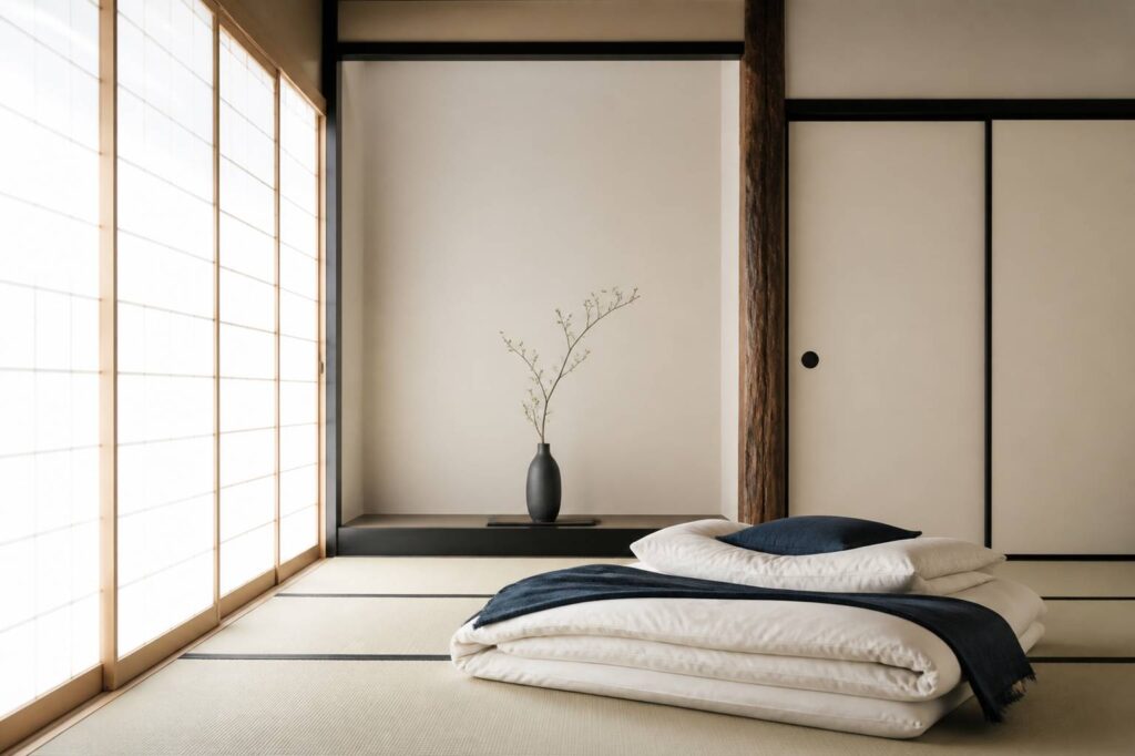 Chambre de ryokan japonaise avec sol en tatami, futon et porte coulissante en papier