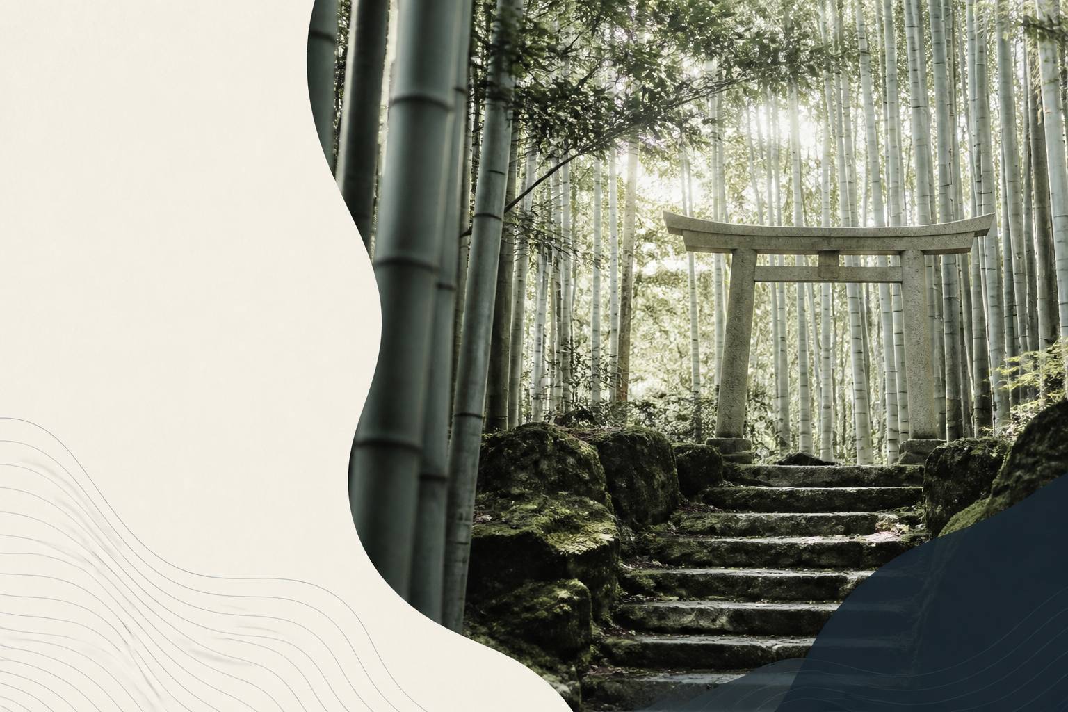 Sentier de bambous avec torii en pierre dans un temple zen