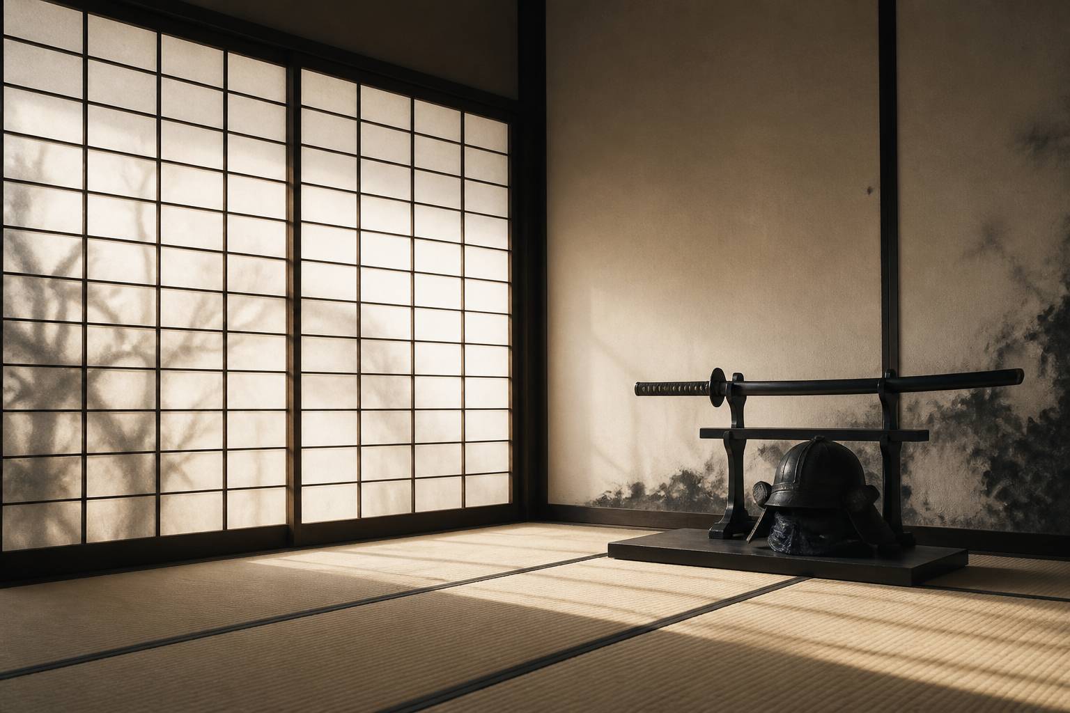 Intérieur japonais épuré avec sabre et casque de samouraï génériques