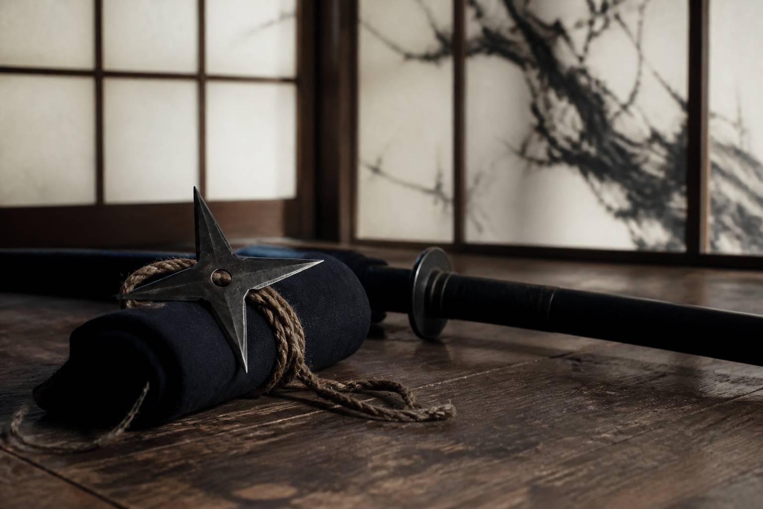 Shuriken en métal posé sur du tissu noir avec un sabre