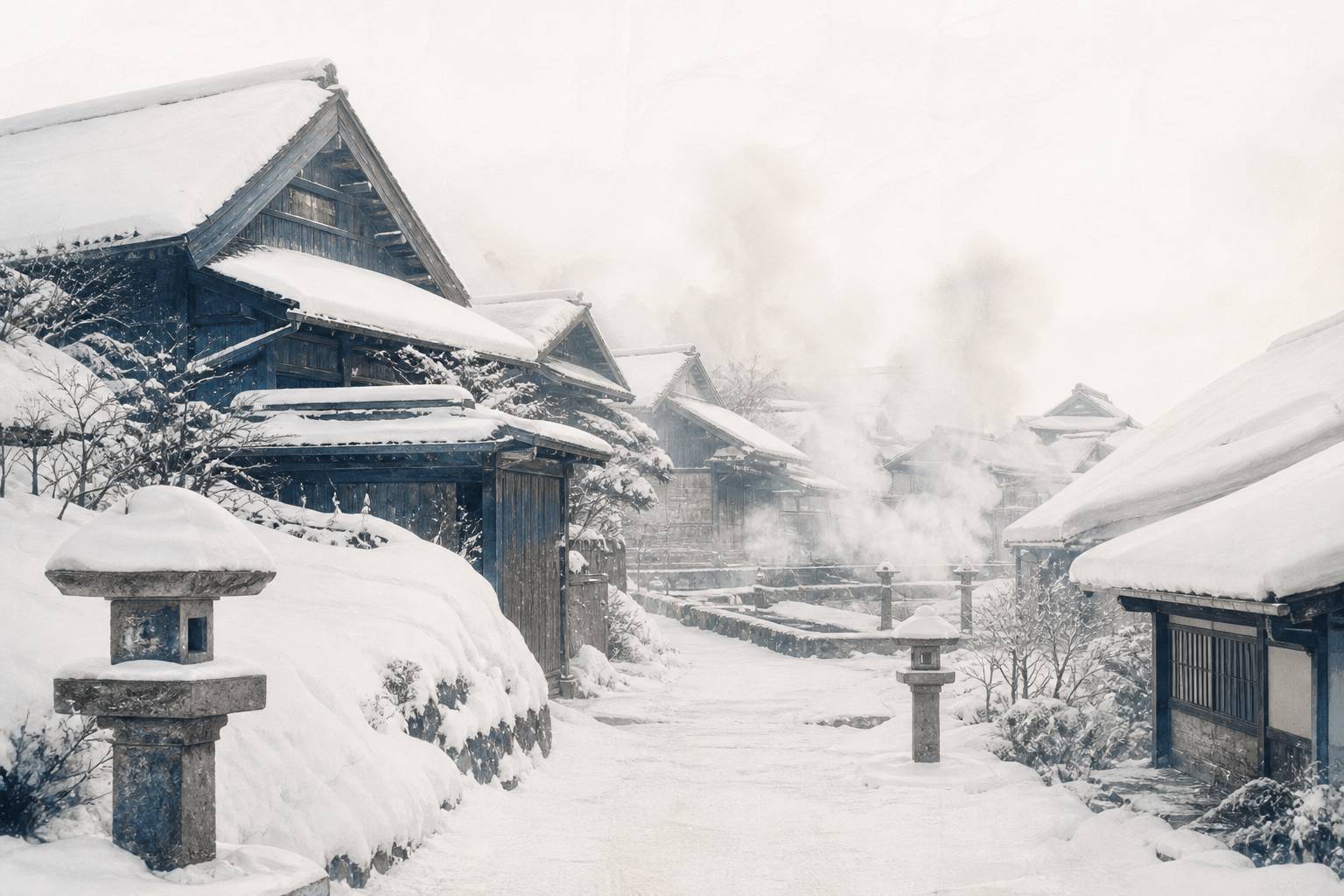 Village japonais sous la neige avec vapeur d'onsen dans les ruelles
