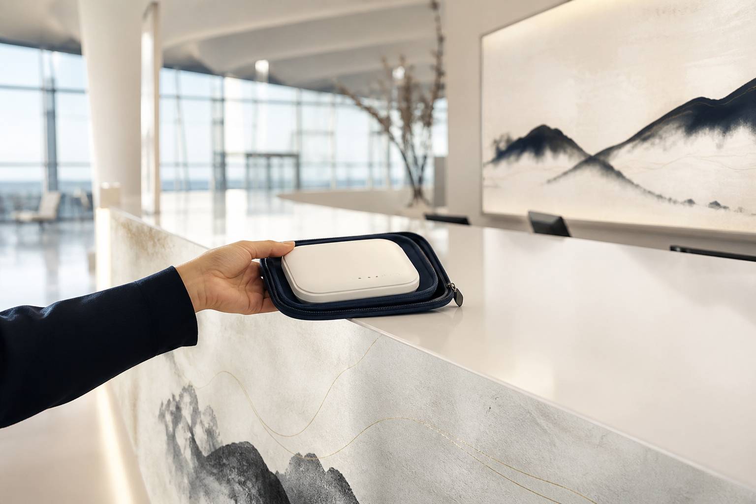 Main recevant un routeur wifi de poche à un comptoir d'aéroport