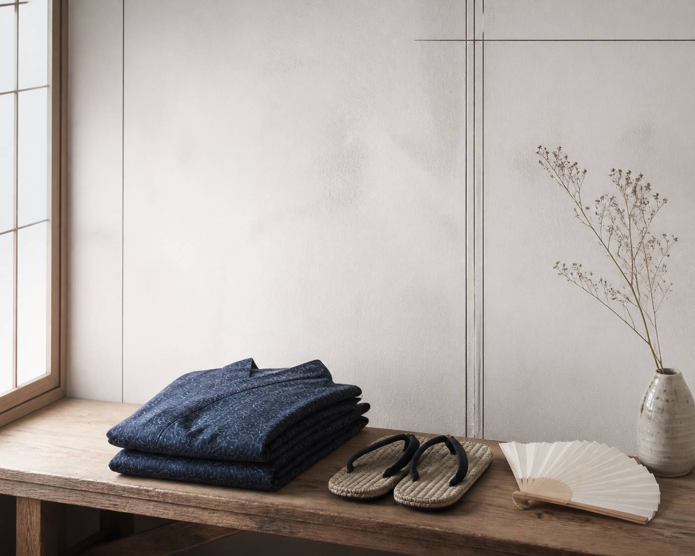 Yukata en coton plié avec sandales traditionnelles et accessoires