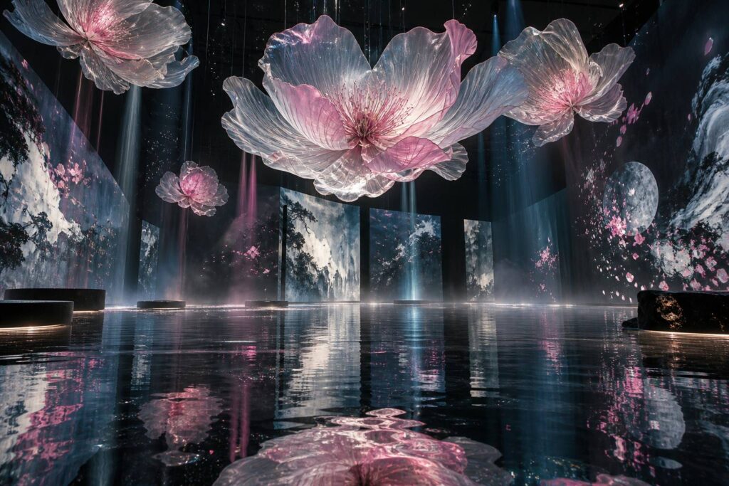 Salle immersive sombre avec fleurs digitales lumineuses et sol en miroir d'eau