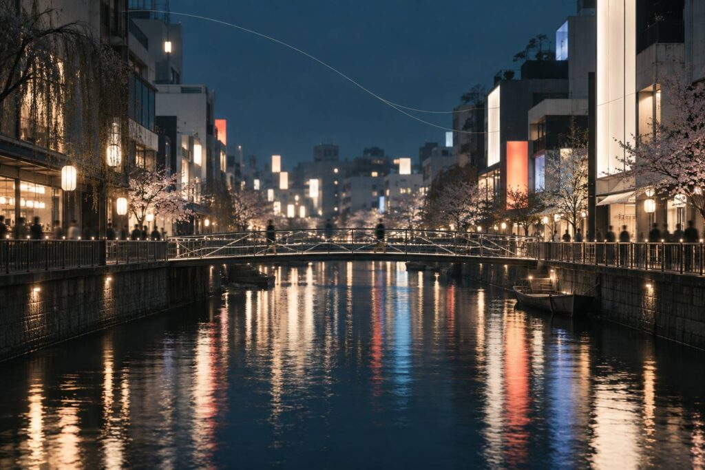 Canal urbain japonais bordé d'enseignes lumineuses abstraites la nuit