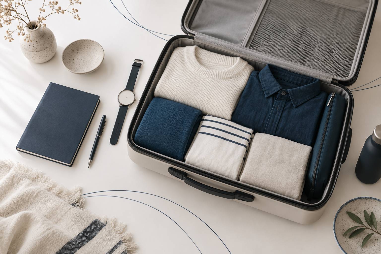 Valise ouverte avec montre et carnet sur un bureau