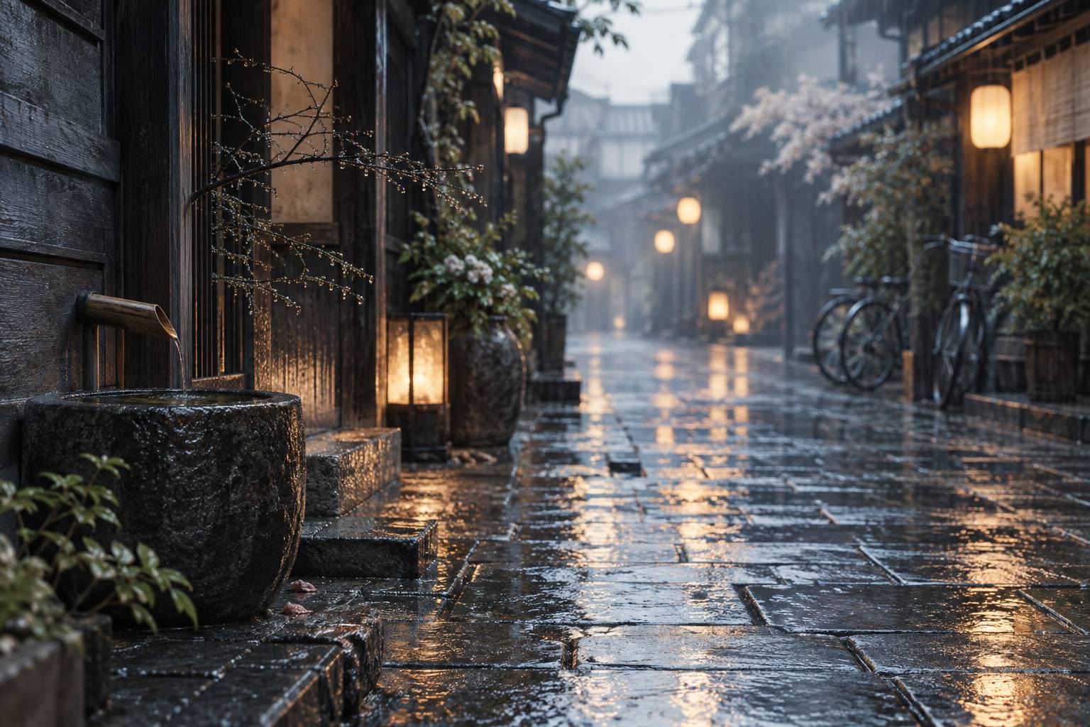 Ruelle japonaise avec lanternes et pavés mouillés au crépuscule