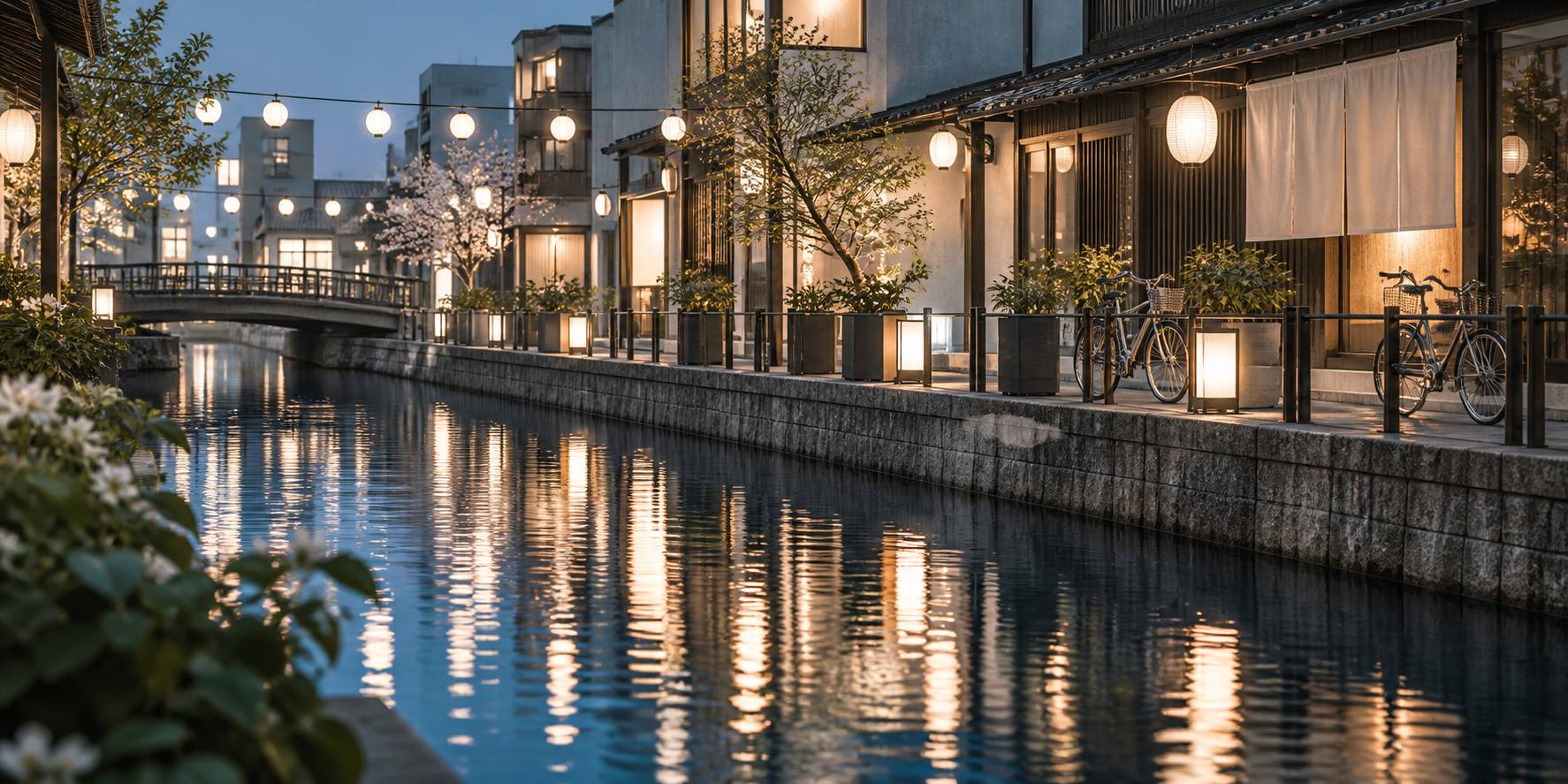 Détail de lanternes et de ruelles au bord d'un canal japonais
