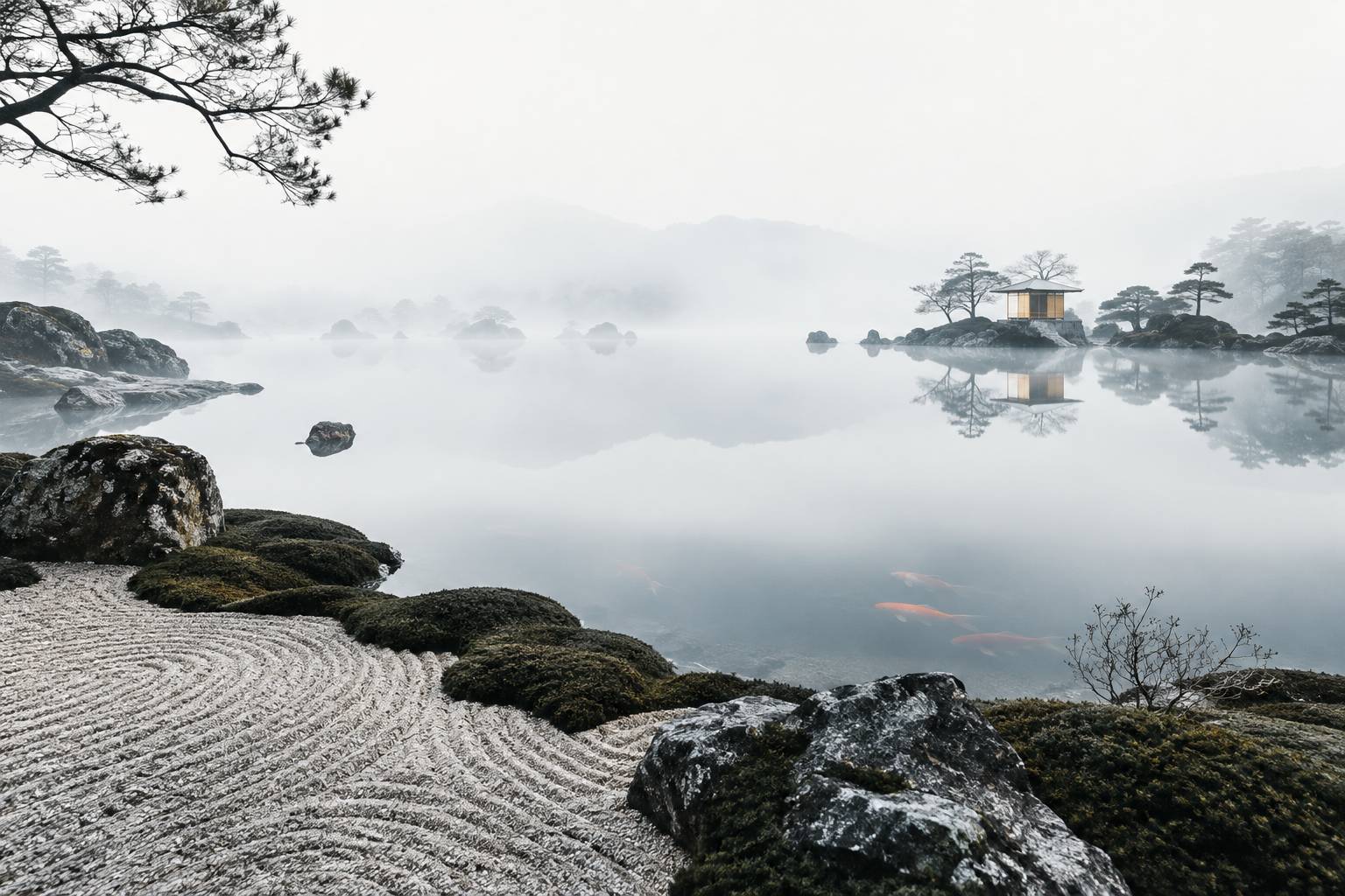 Vue large sur l'étang miroir : le pavillon doré et son reflet, quelques carpes koï orangées sous la surface, r