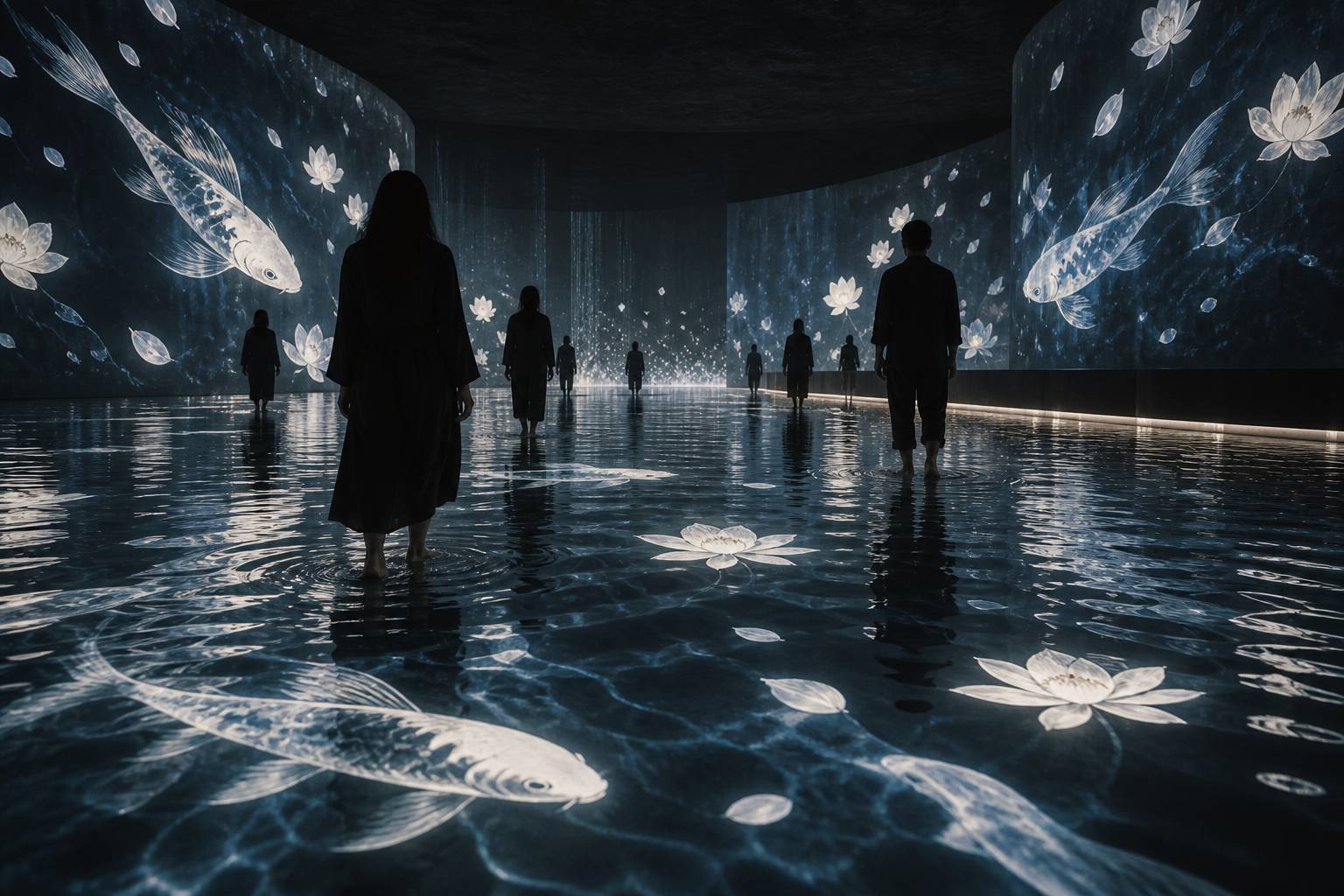 Silhouettes de dos marchant dans une eau calme aux projections lumineuses
