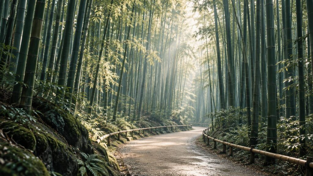 Sentier dans une forêt de bambous avec lumière filtrant entre les tiges