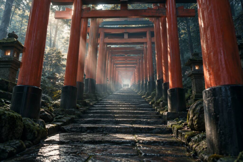 Tunnel de portiques torii vermillon au sanctuaire Fushimi Inari sous la lumière du matin