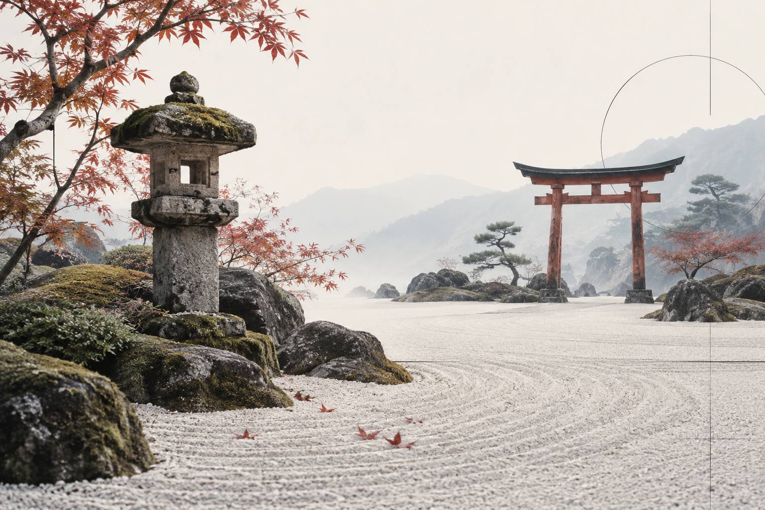 Gros plan sur une lanterne de pierre moussue près d'un torii dans un jardin