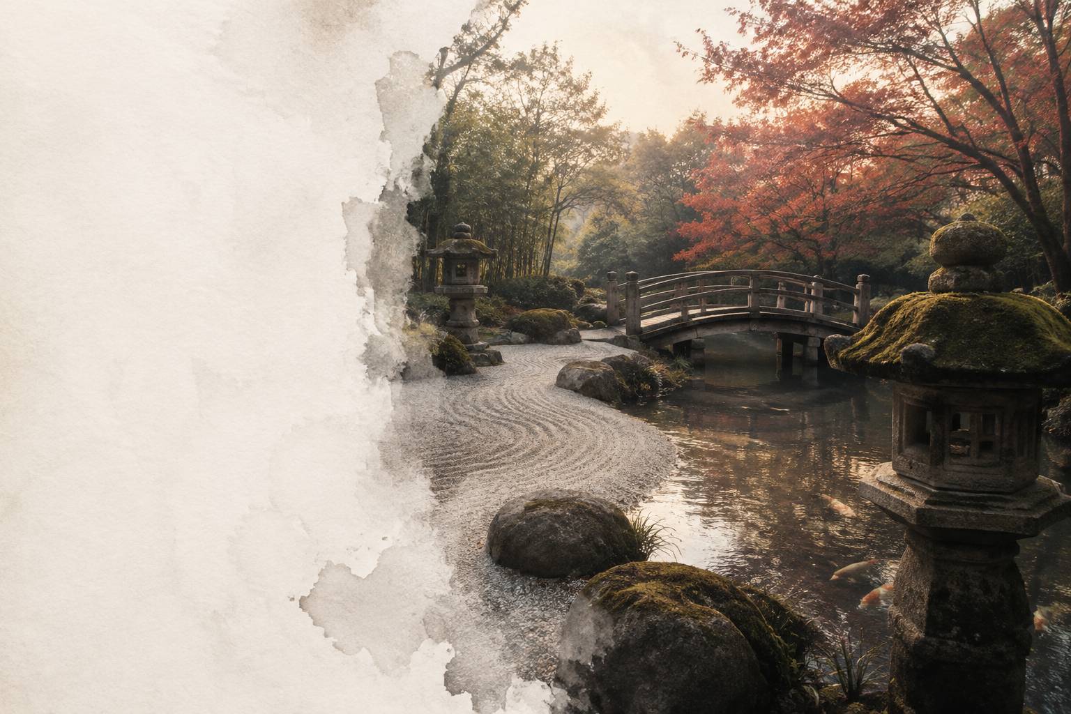 Jardin japonais contemplatif avec lanterne de pierre, érable et étang à koï