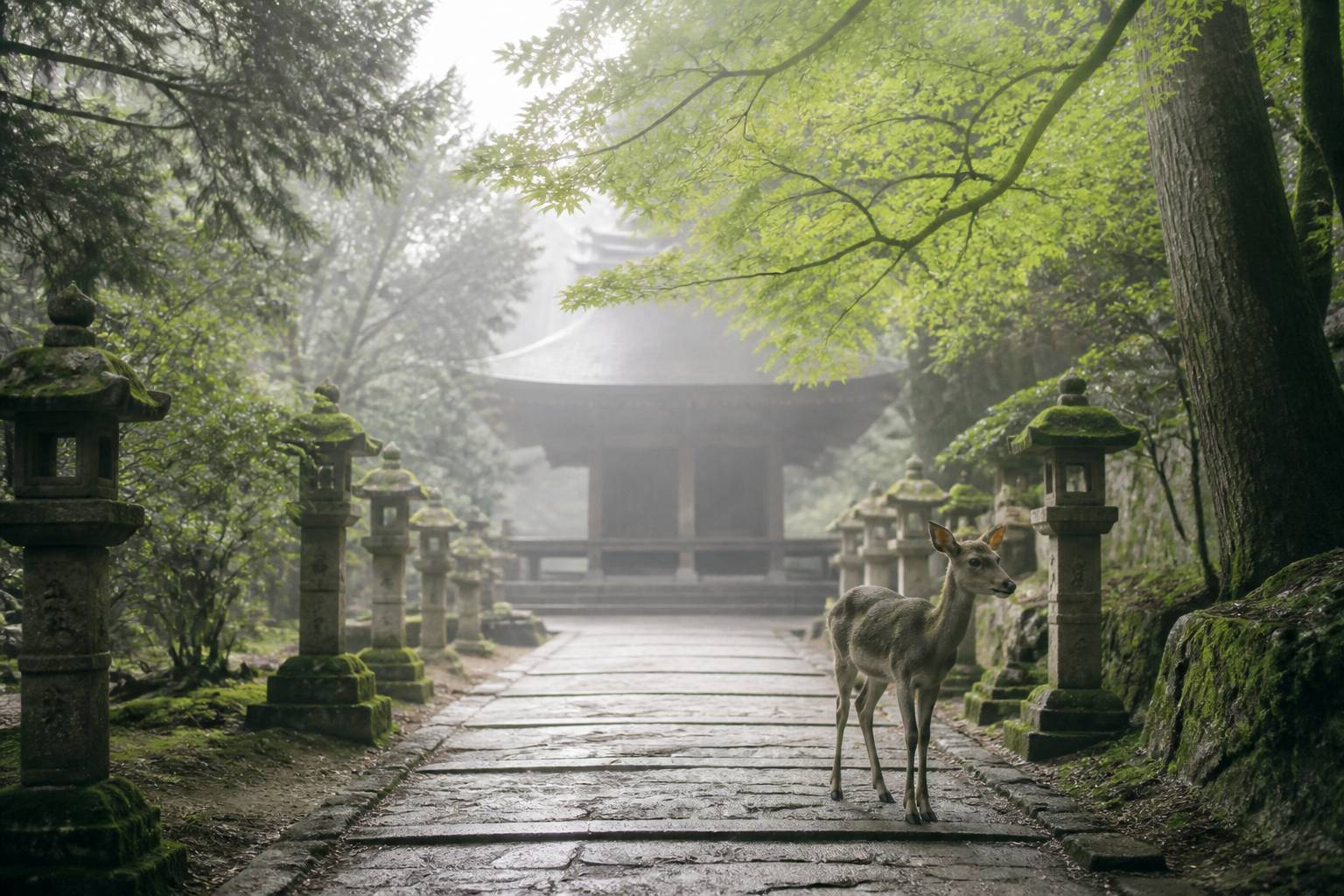 Allée de pierre bordée de lanternes moussues menant à un temple japonais avec un daim