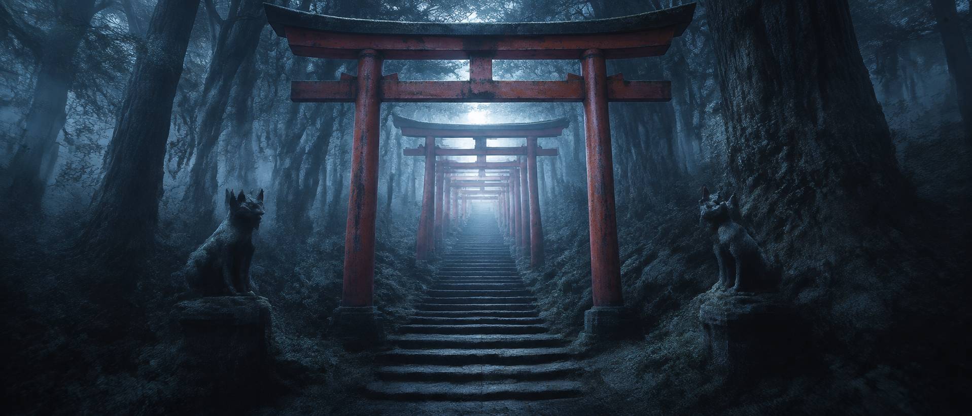 Sentier de torii vermillon en perspective avec statues de renards et escaliers moussus
