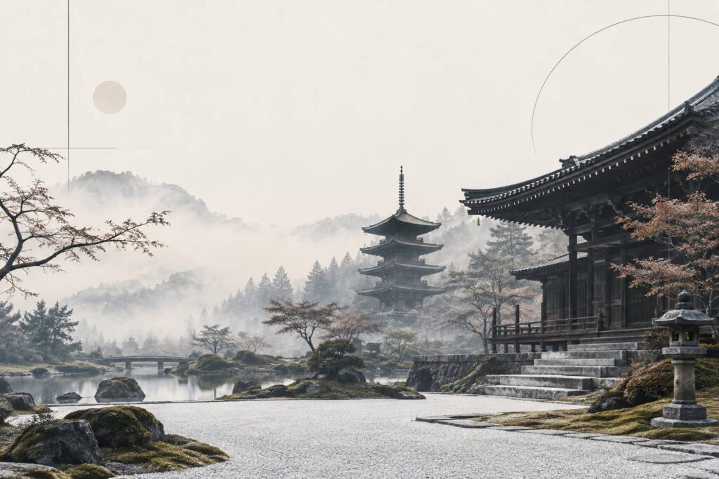 Temple japonais de Kyoto avec pagode en bois et jardin de mousse