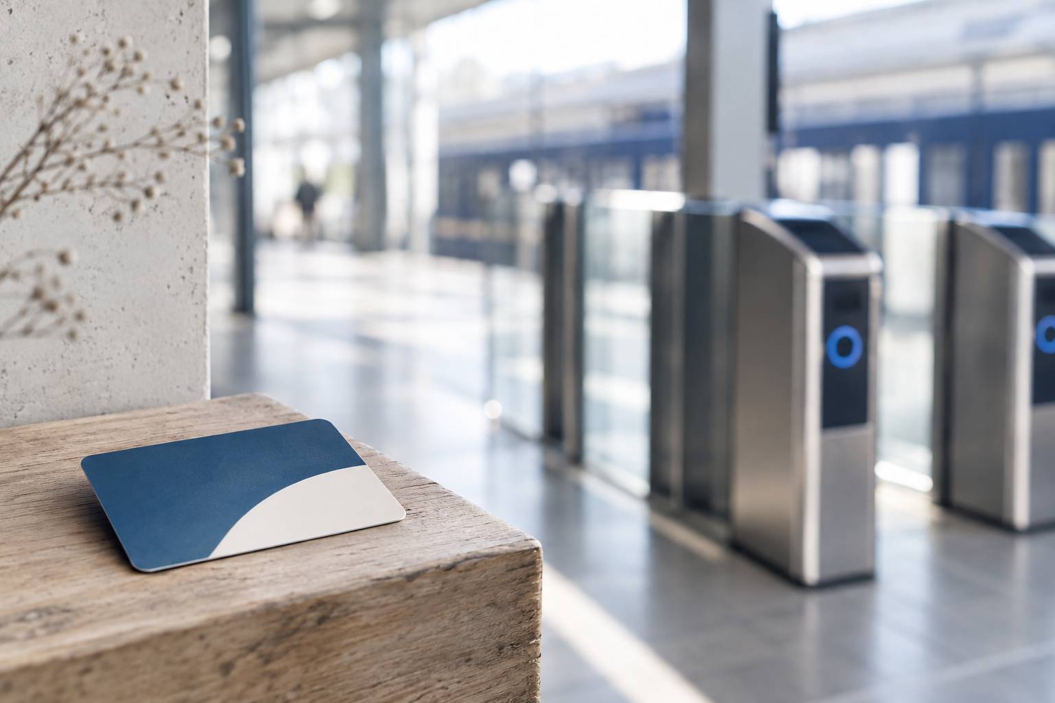 Portique de gare urbaine moderne avec tourniquets et signalétique neutre, ambiance fonctionnelle