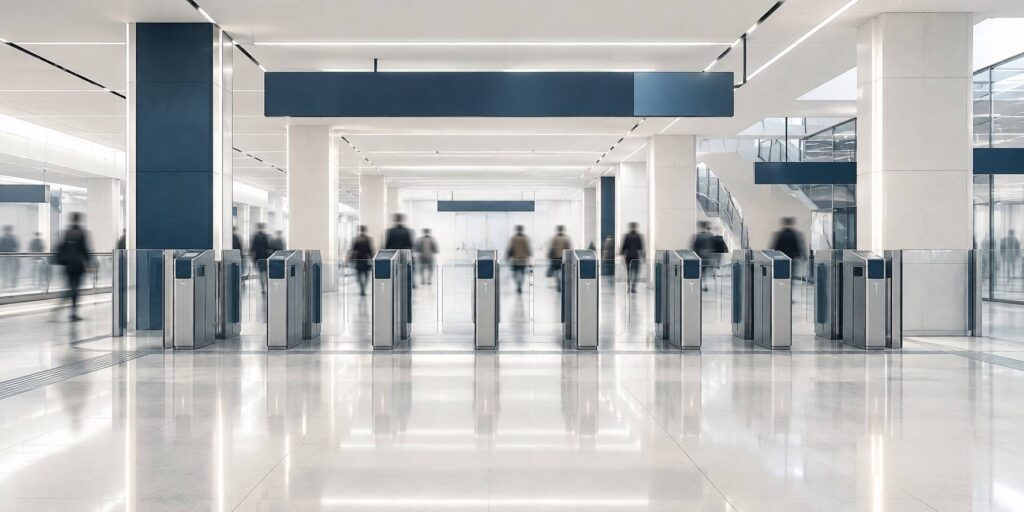 Portique de gare urbaine moderne avec tourniquets et signalétique neutre, ambiance fonctionnelle