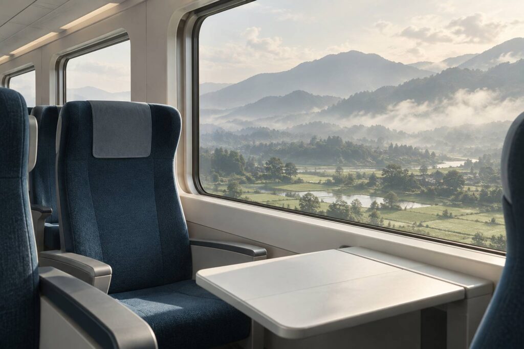Intérieur de voiture de train aux sièges vides avec fenêtre panoramique sur la campagne