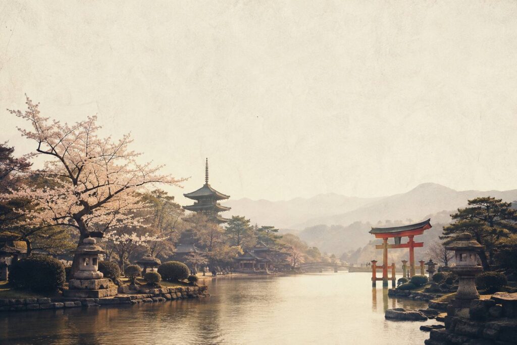 Ville japonaise paisible au bord d'un fleuve avec pagode et torii au coucher du soleil