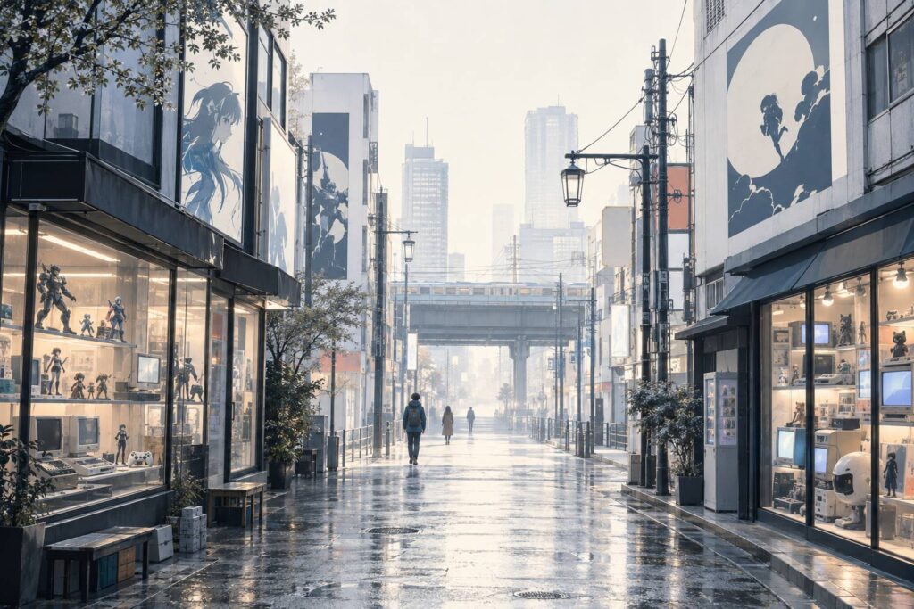 Illustration éditoriale du sujet : Visiter akihabara : guide complet pour une balade unique au cœur de la culture otaku