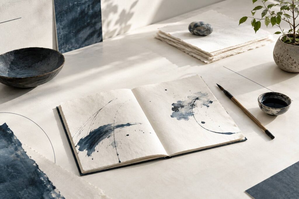 Bureau epure avec pinceau, encre noire et carnet ouvert sur papier clair