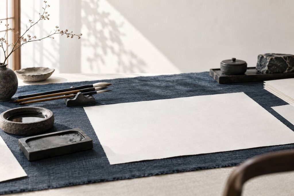Pinceaux, encrier et papier vierge sur une table de calligraphie