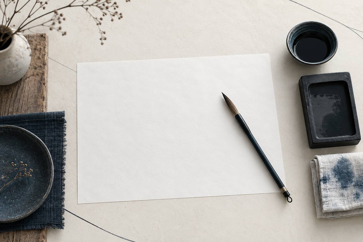 Pinceau, encrier et feuille vierge sur un plan de calligraphie