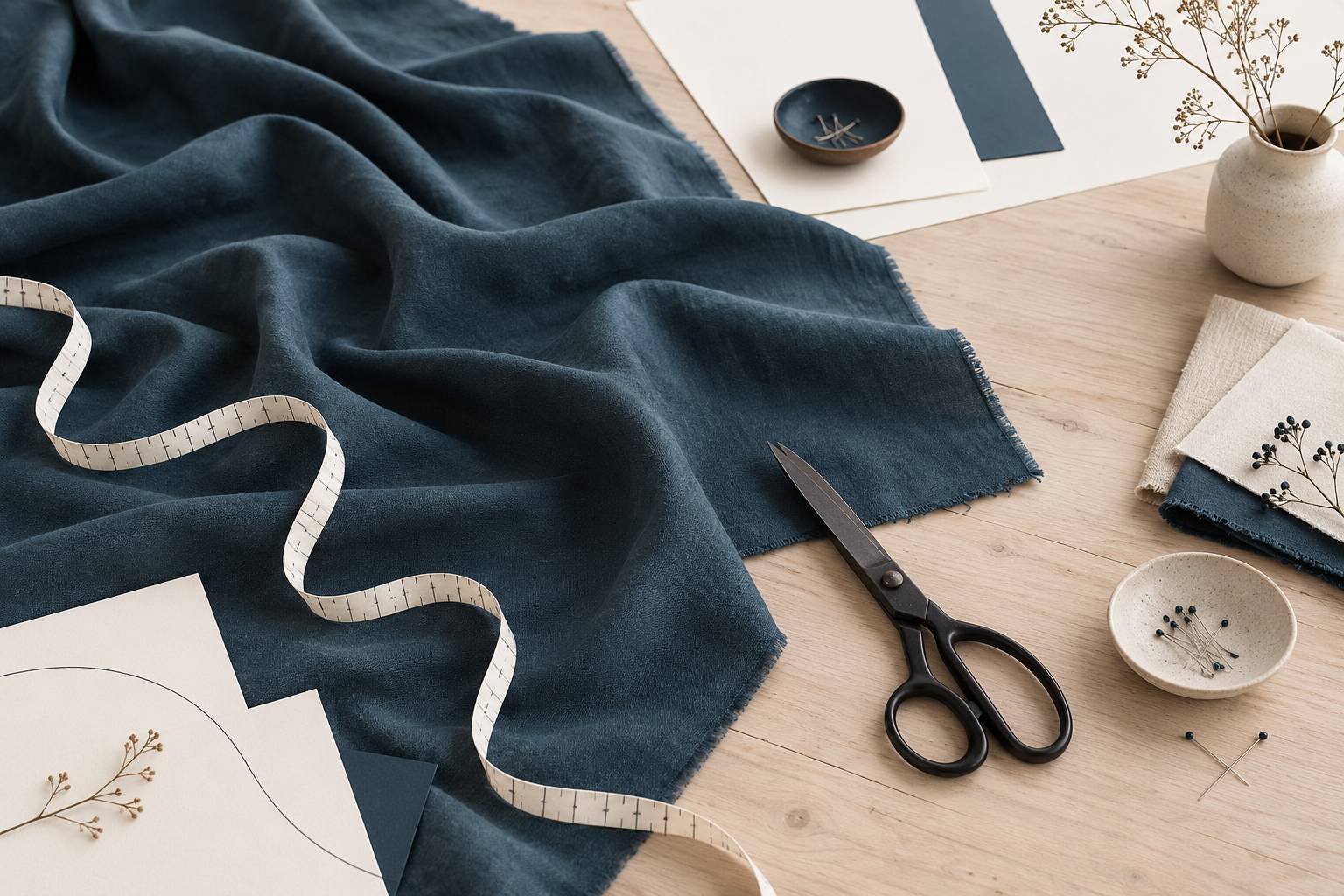 Tissu plisse sombre et metre ruban sur une table claire