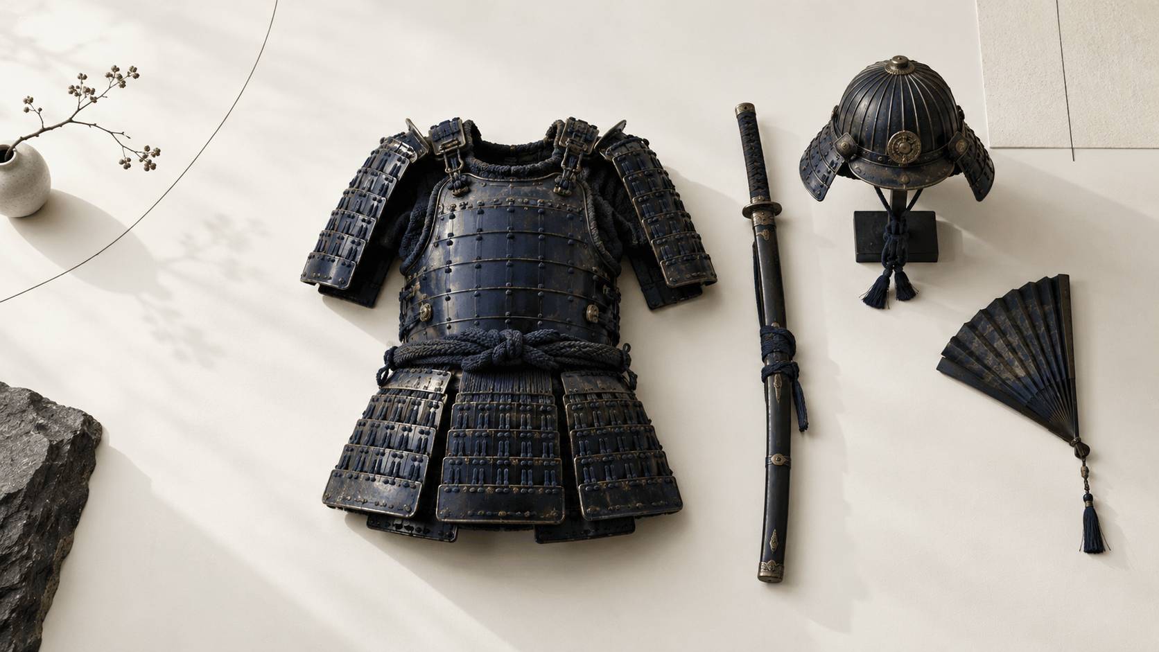 Armure ancienne en lamelles, sabre au fourreau et casque sur support avec éventail