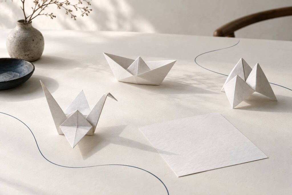 Figures d'origami pliees sur une table claire, papier epure