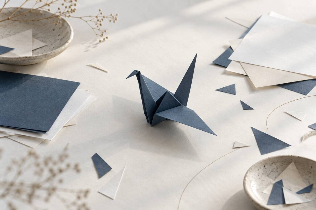 Grue en origami générique terminée sur une table claire avec papier carré