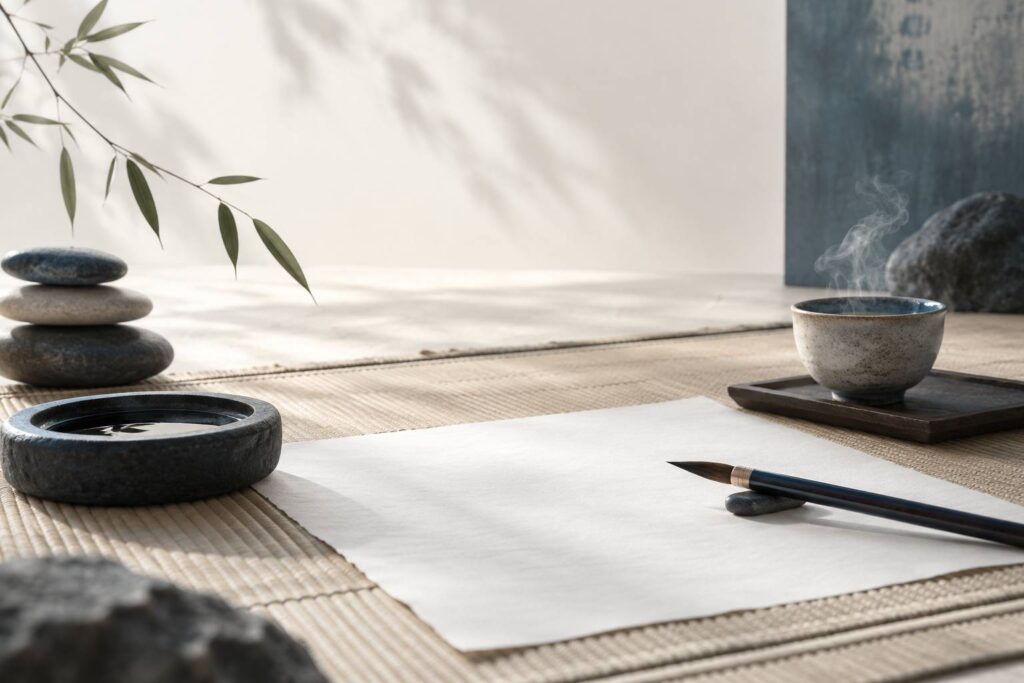 Nature morte zen avec pinceau d'encre, papier vierge, galets et bambou